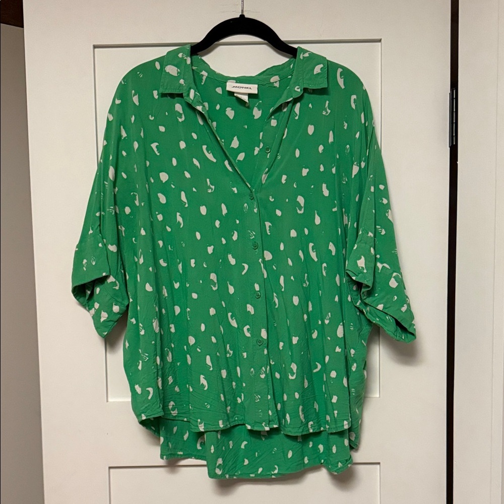 Monki Green Button-Down Shirt with White Spot Print
